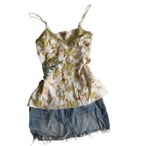 Y2k Babydoll Vintage Floral Cami Top Crochet Sequin Trim Sage Green Cream Boho